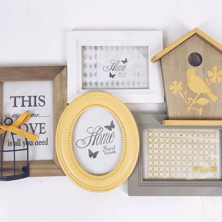 Композиція з фоторамок різної форми беж/жовтий/сірий пташки 5 AR-307