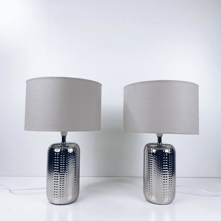 Лампа настільна база срібло сірий абажур LT-143