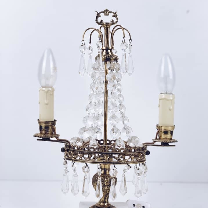 Лампа настільна вінтаж 2 ріжка кришталь/латунь/мармур LT-145