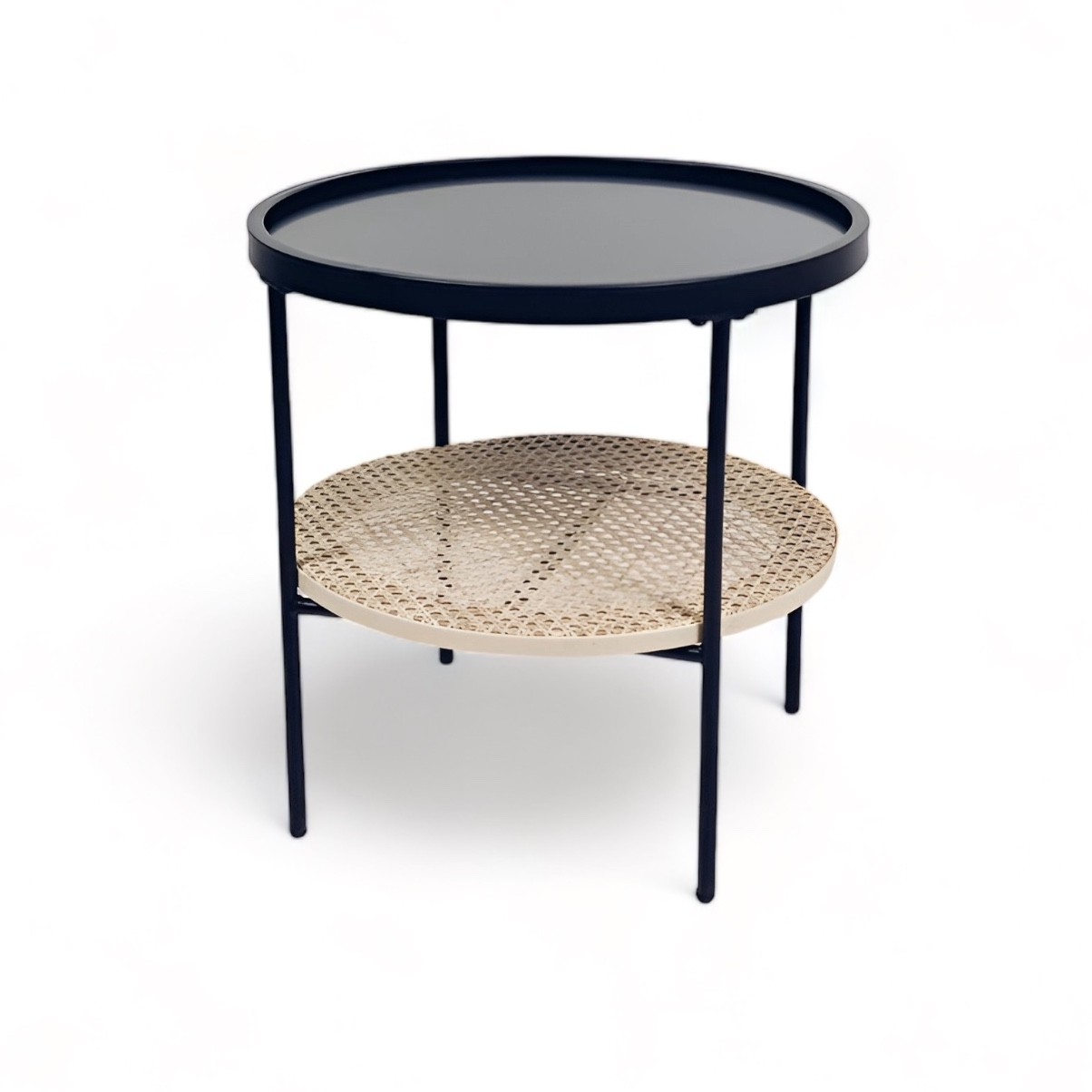 Столик кавовий  круглий чорний з ротанговою полицею TB-577