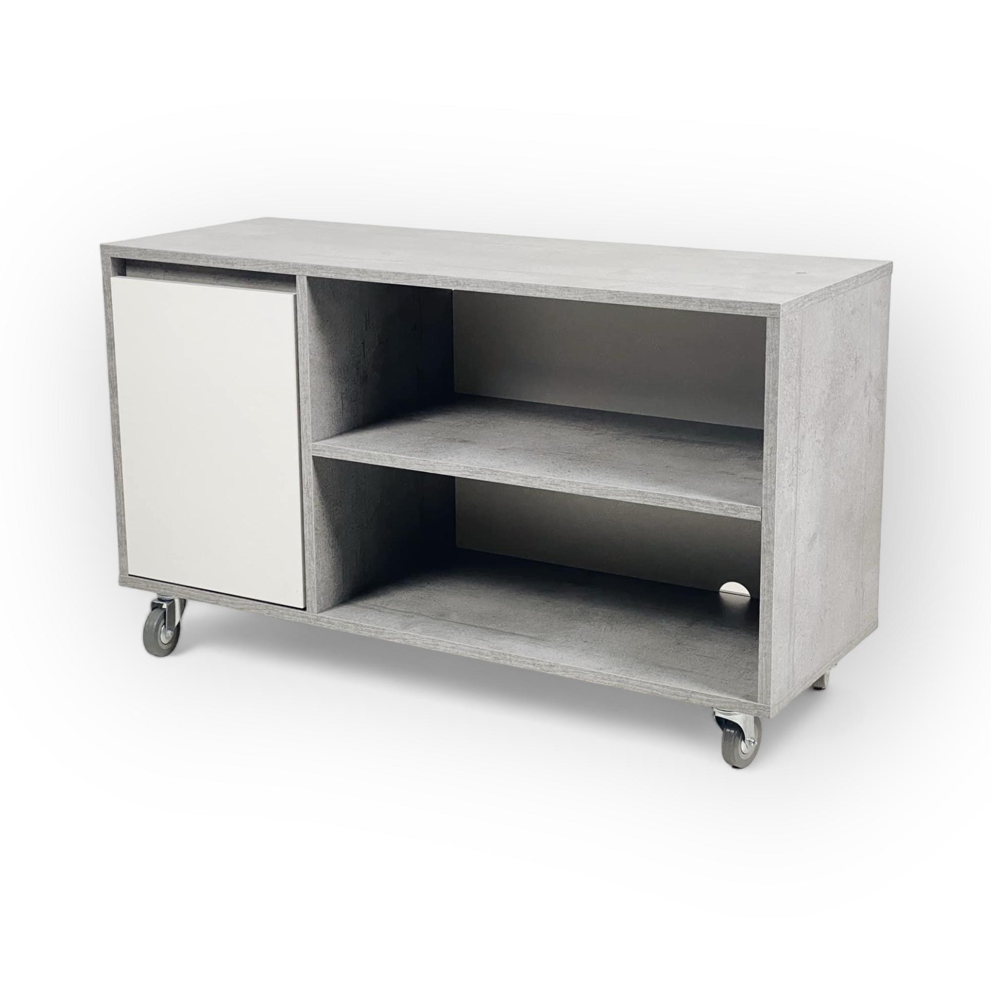 Тумба під ТВ з відкритою полицею та дверцятами сірий/білий дсп CB-059