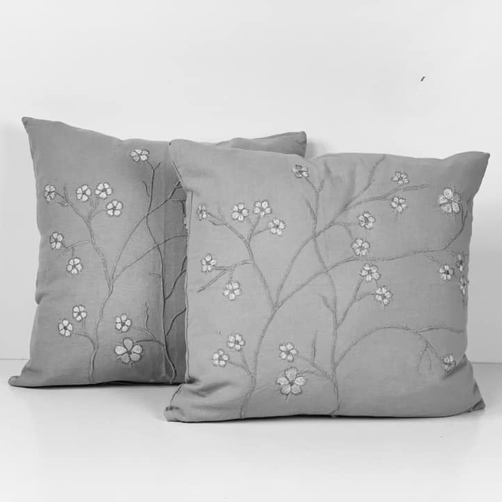 Подушка декоративна сіра з вишивкою квіти PW-315