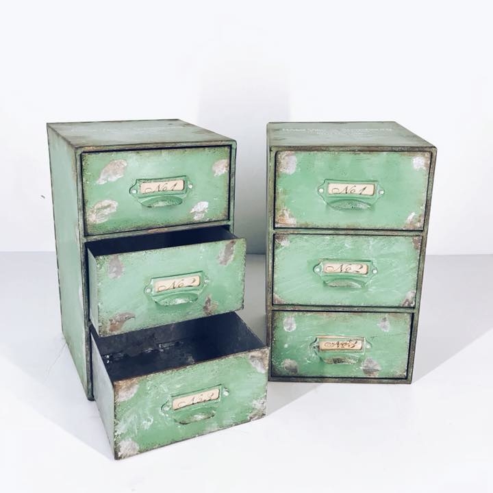Картотека настільна на 3 шухлядки зістарена метал зелений