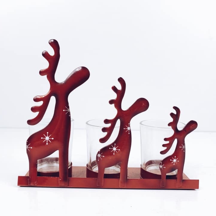 Підсвічник з оленями червоний метал/скло