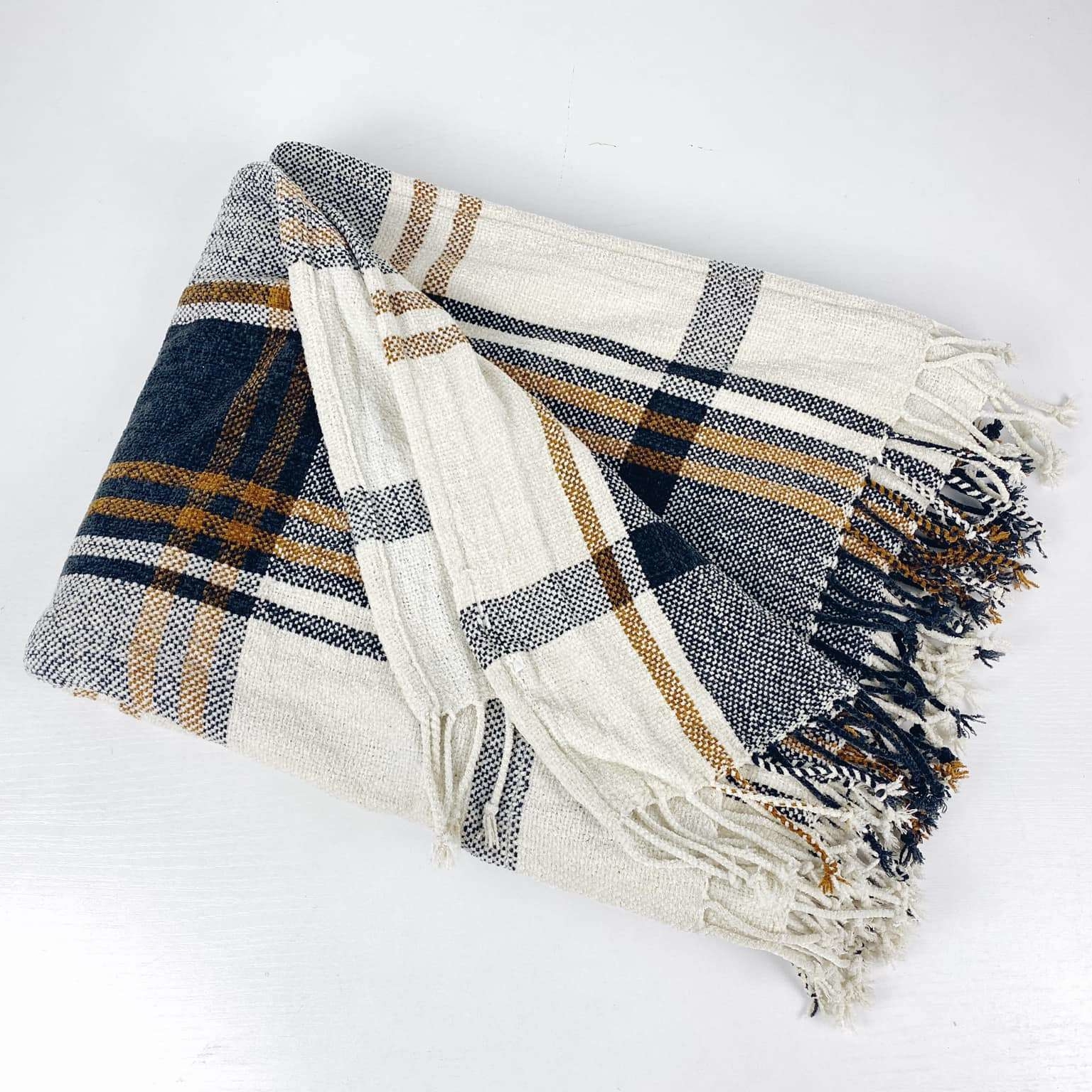 Плед шеніл клітинка біло-чорно-жовта WR-083