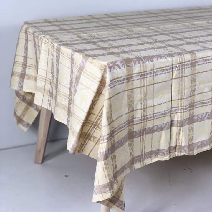 Скатертина жакард льон клітинка блідо-жовтий/коричневий TT-001