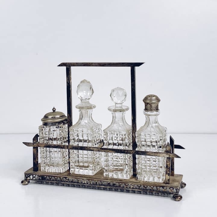 Набір для масла, оцту, спецій на підставці вінтаж кришталь/столове срібло