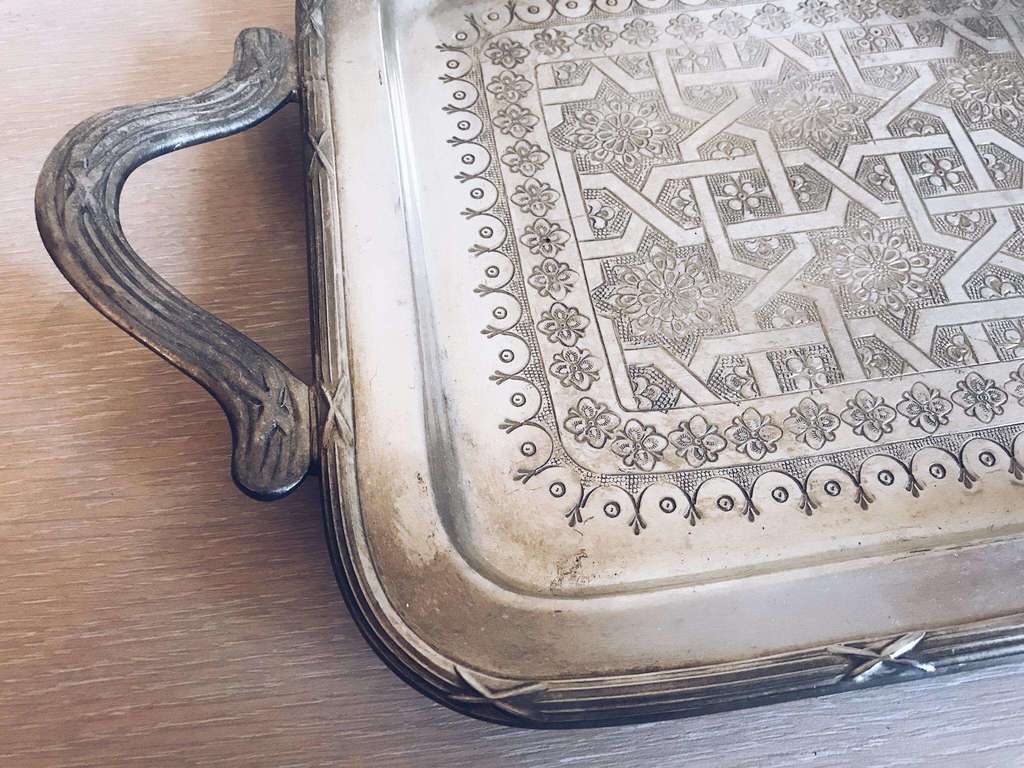 Таця (піднос) з ручками прямокутна з ручками марокканська мельхіор TR-028