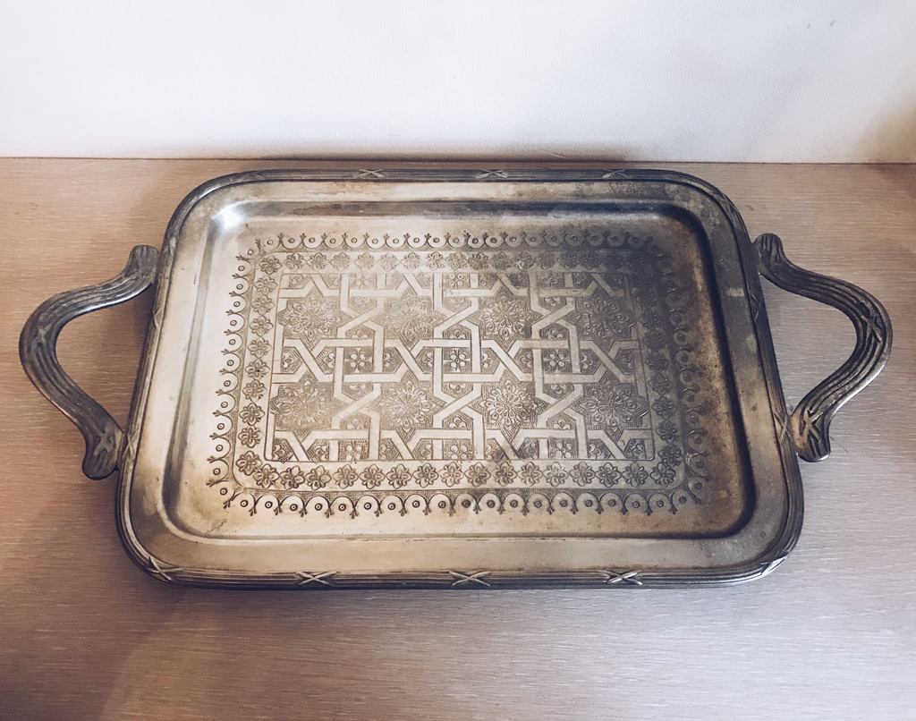 Таця (піднос) з ручками прямокутна з ручками марокканська мельхіор TR-028