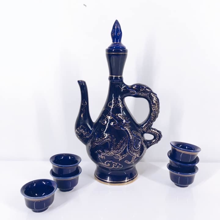 Глечик та піали з драконом сині кераміка JU-026