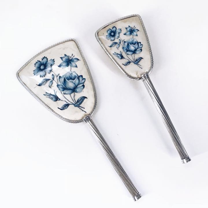 Дзеркало/щітка з ручкою вінтаж метал блакитні квіти