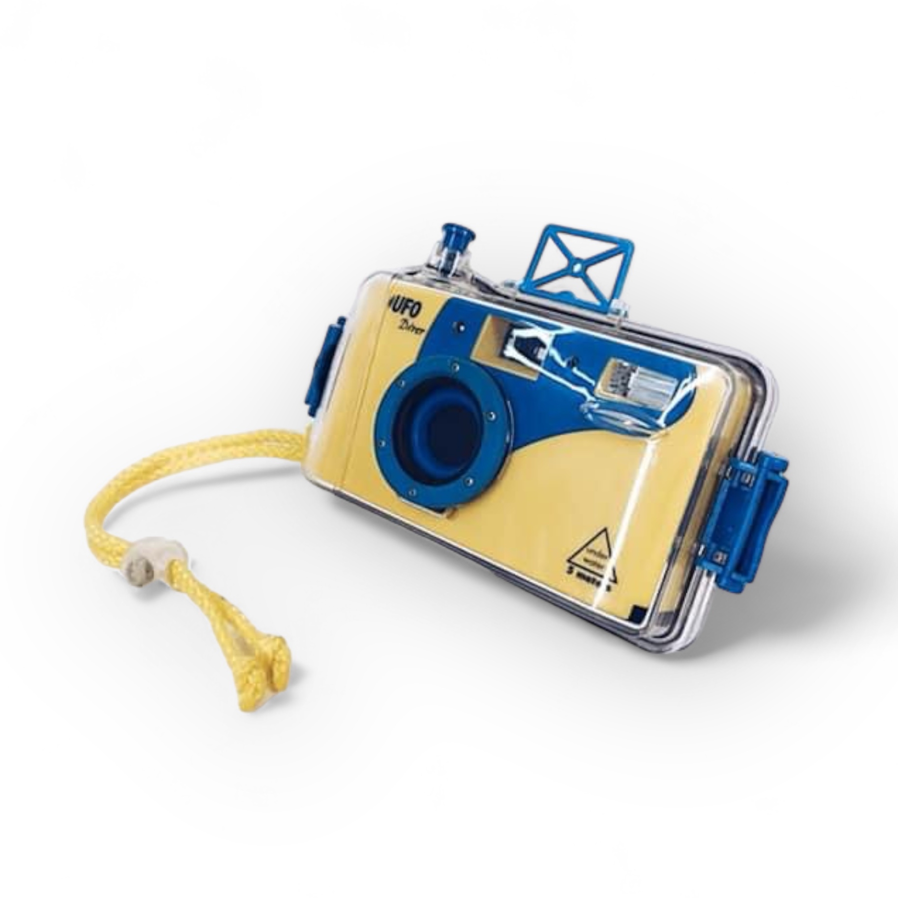 Фотоапарат UFO жовто-синій в прозорому боксі для підводної зйомки