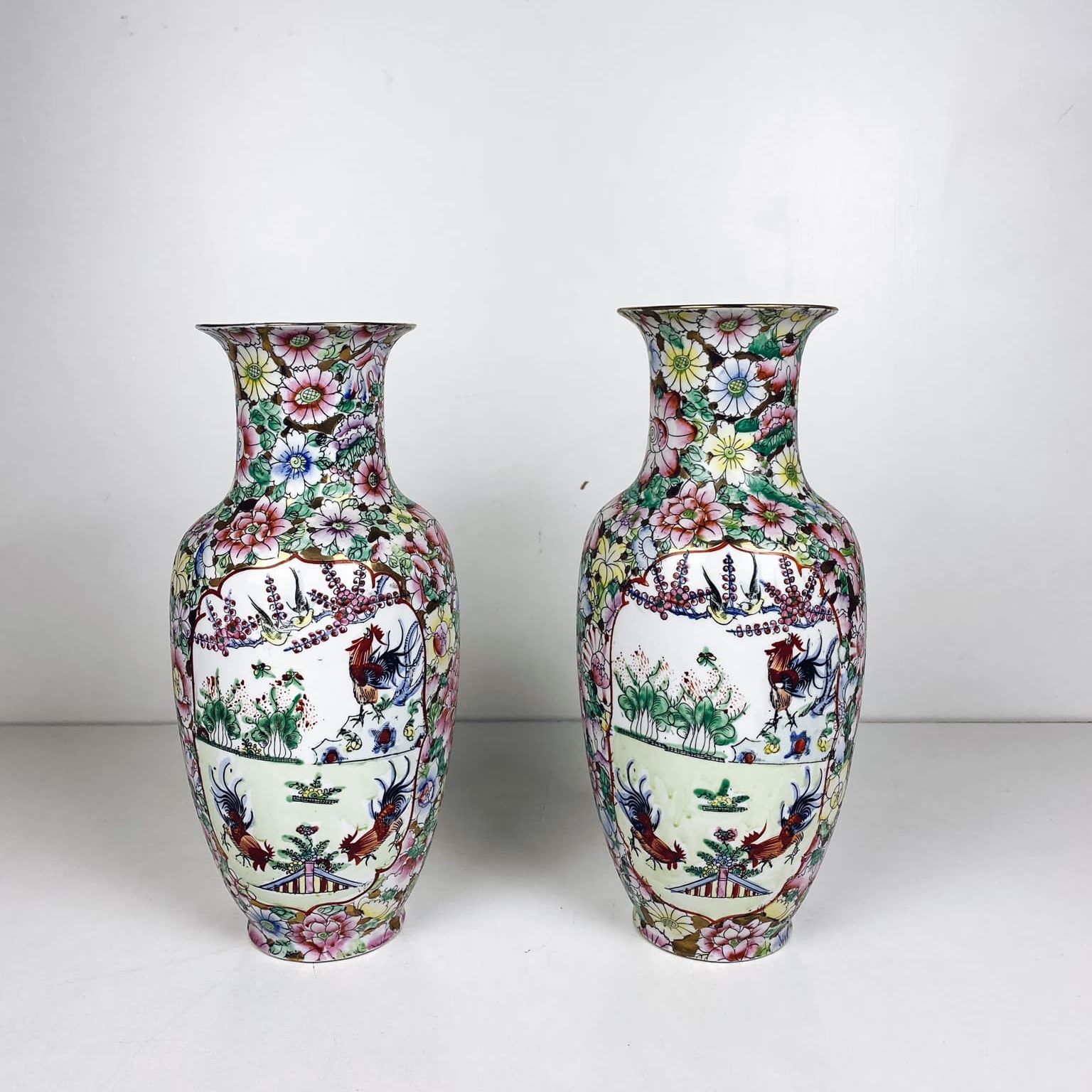 Ваза порцеляна розпис Півні-Квіти кантон порцеляна вінтаж VA-365