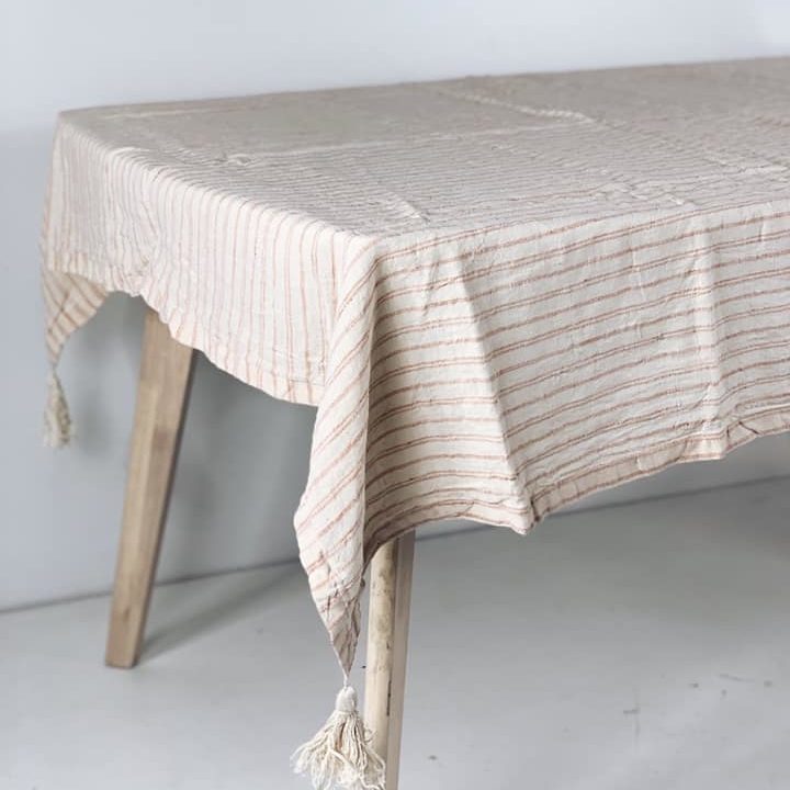 Скатертина у смужку беж льон з китицями на кутах вінтаж TT-067