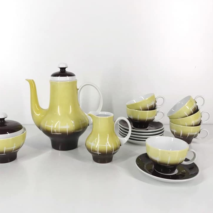 Чайний сервіз порцеляна жовто-коричнево-білий вінтаж PP-063