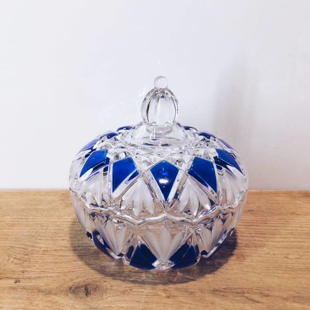 Цукерниця з кришкою кришталь/сині ромби FP-009