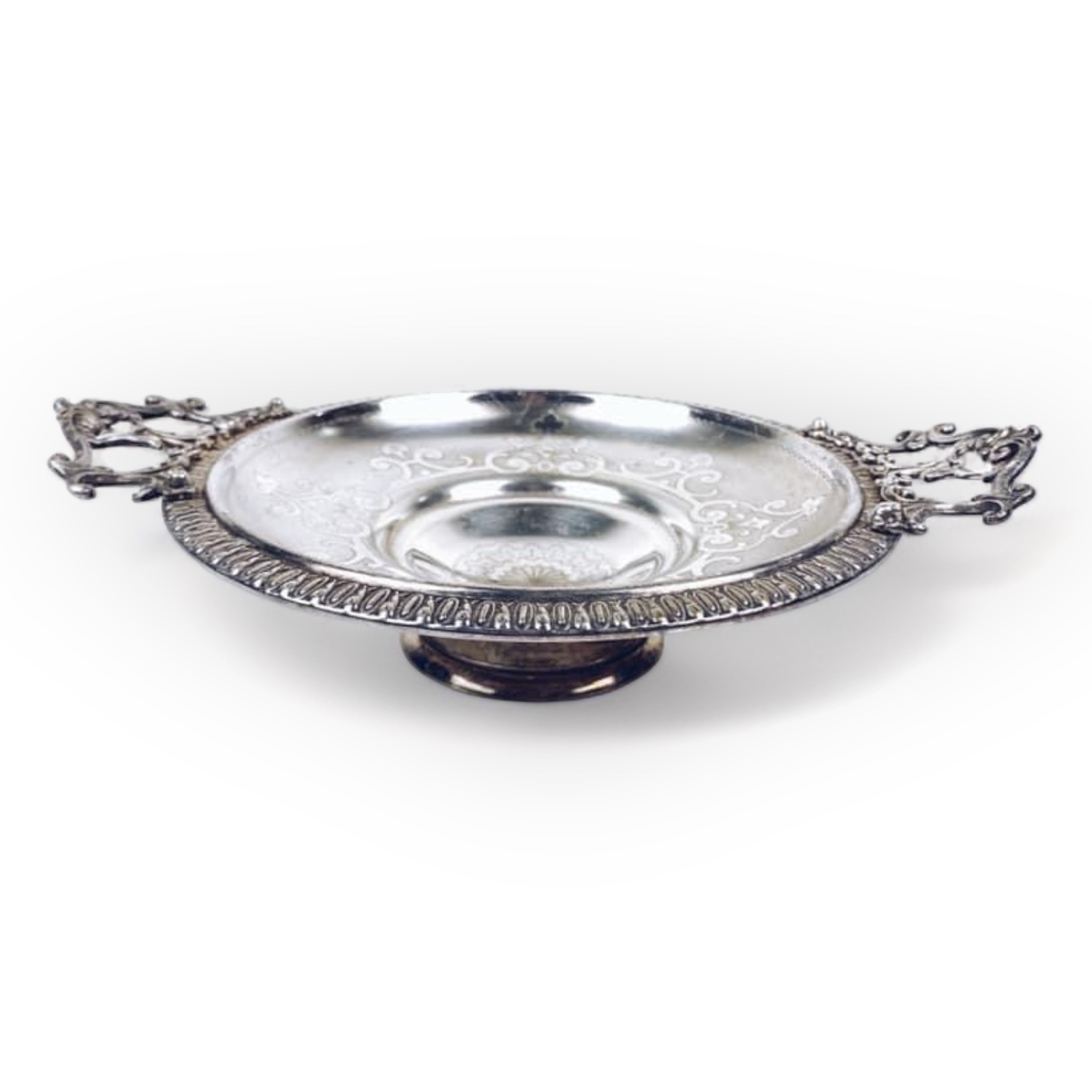 Блюдо для фруктів на ніжці з ручками рельєфний декор столове срібло вінтаж PS-086