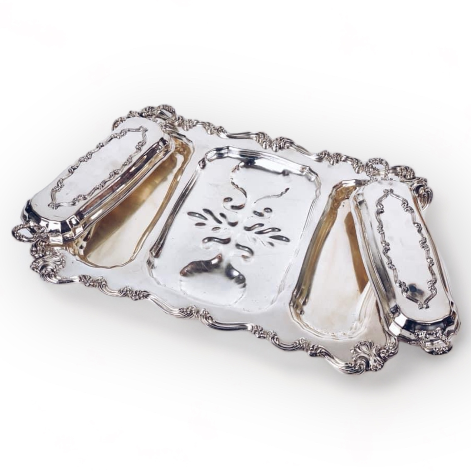 Блюдо велике з 2 ковпаками на 3 відділення столове срібло вінтаж PS-053