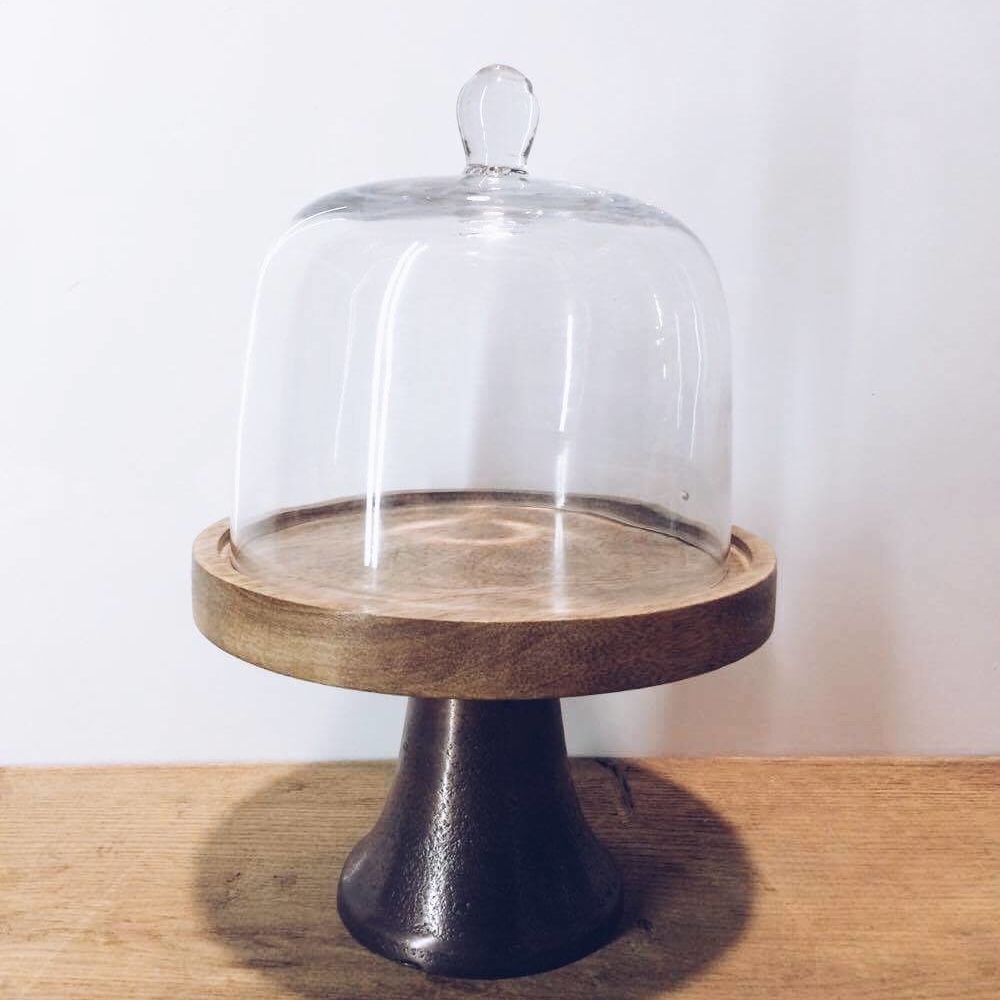 Блюдо на ніжці з ковпаком дерево/метал/скло PS-018