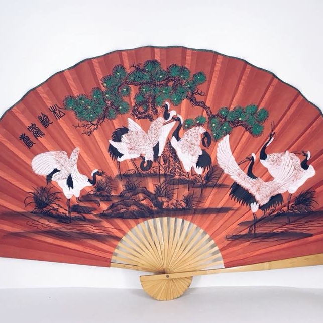 Віяло велике червоне Журавлі папір/бамбук