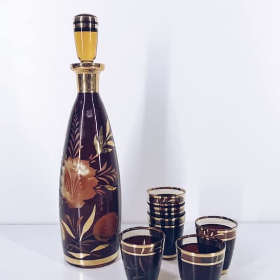 Графин/чарки кольорове скло з розписом вінтаж KF-028