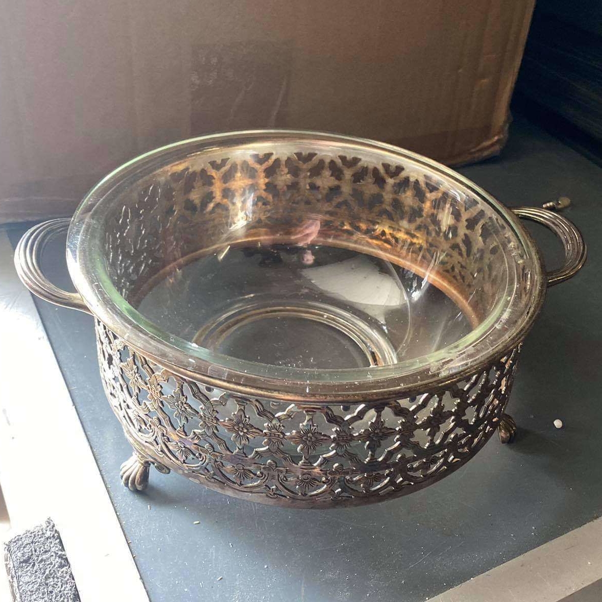 Чаша для фруктів/десертів ажурна на ніжках скло/метал сріблення вінтаж SV-007