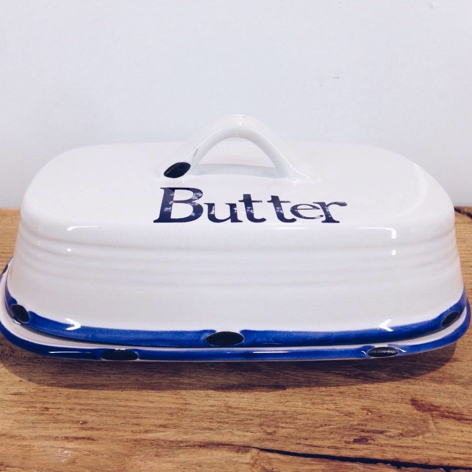 Масльонка з кришкою біло-синя кераміка