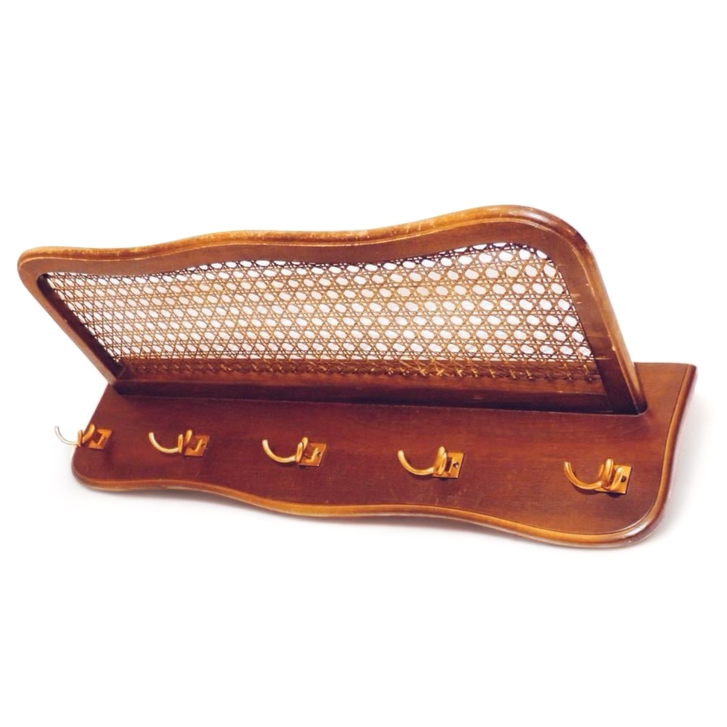 Вішак настінний з полицею 5 гачків ротангова сітка/дерево вінтаж