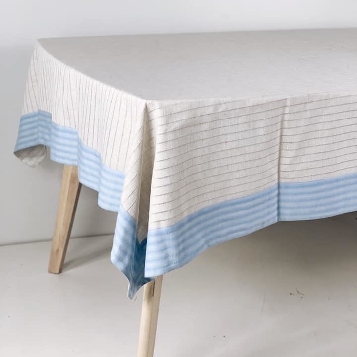 Скатертина у смужку беж/блакитна рамка льон TT-056