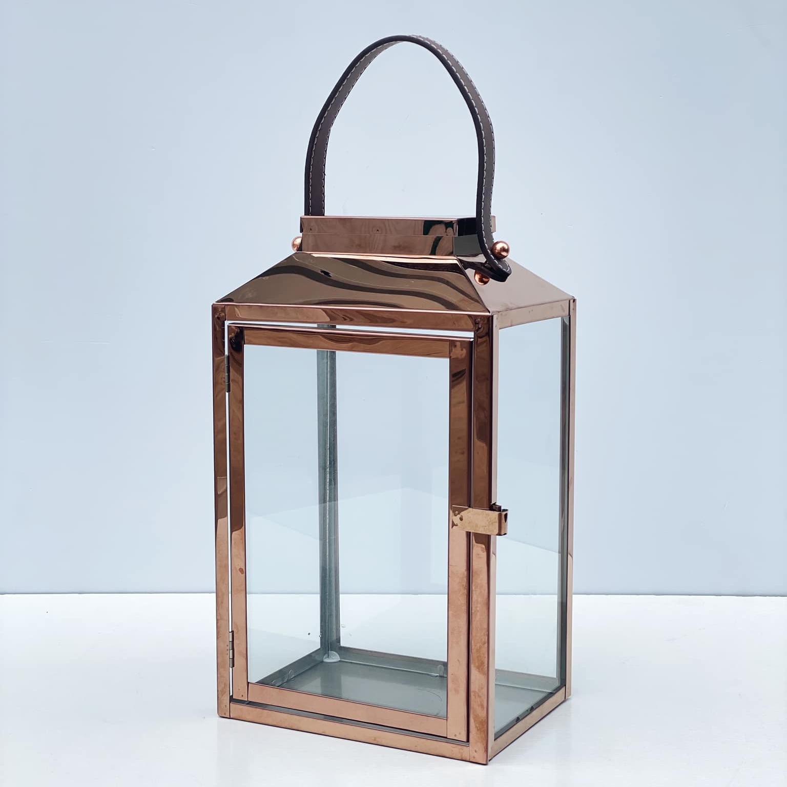 Ліхтар для свічок мідний метал/скло/шкіра CL-077