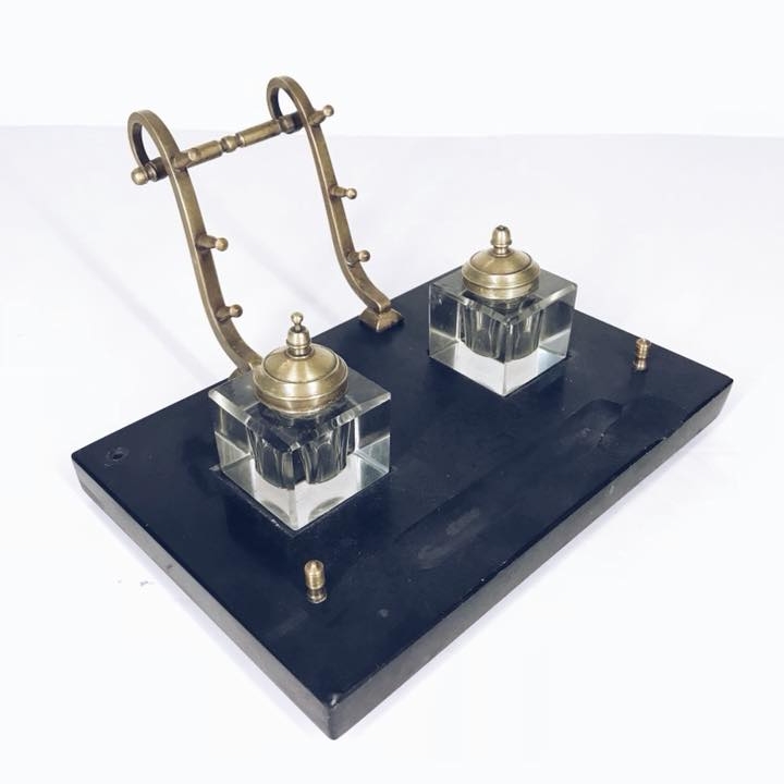 Підставка для ручок з чорнильницями камінь/бронза/кришталь вінтаж