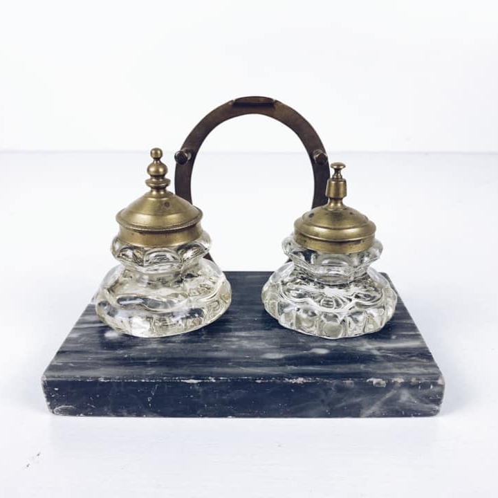 Підставка з 2 чорнильницями мармур/кришталь/бронза вінтаж