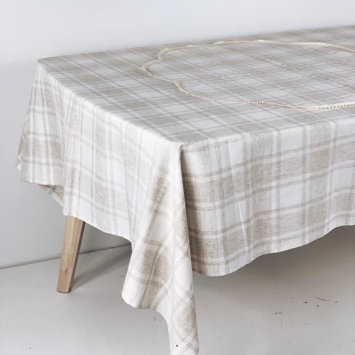 Скатертина льон клітинка беж декор тасьма TT-068