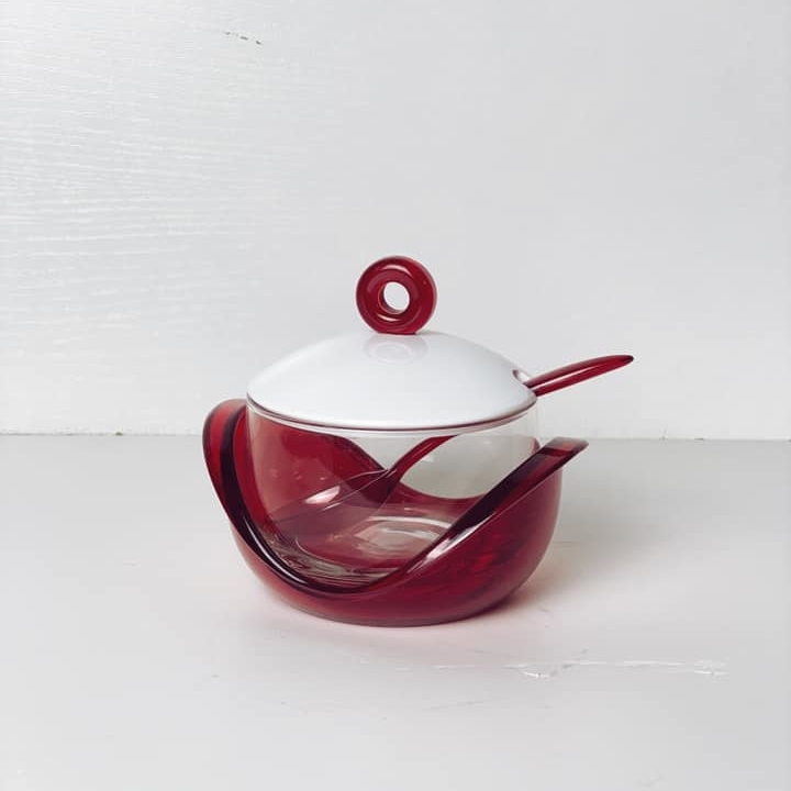 Цукерниця з ложкою червоний/прозорий пластик/порцеляна KD-067