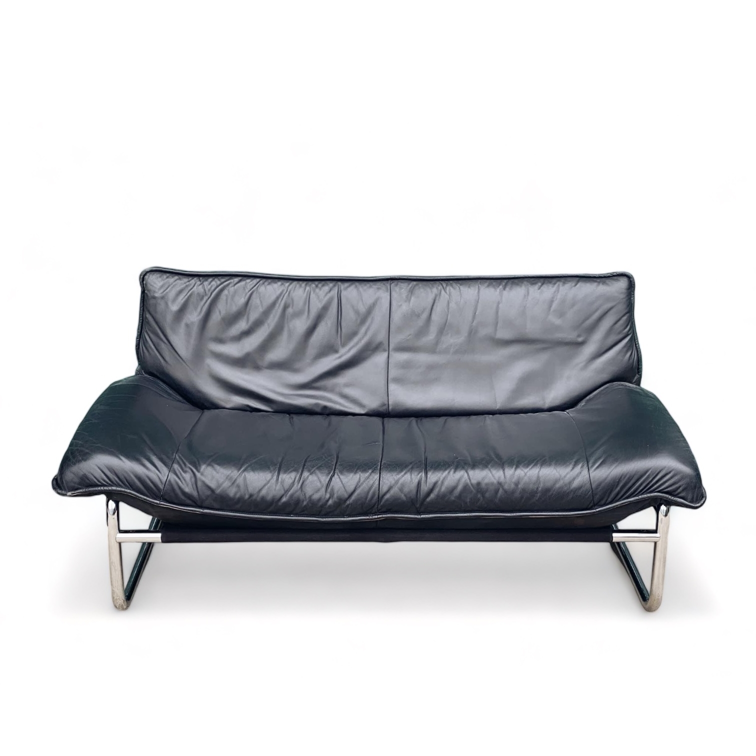 Диван 2-місний чорний/хром нат шкіра вінтаж SF2-023