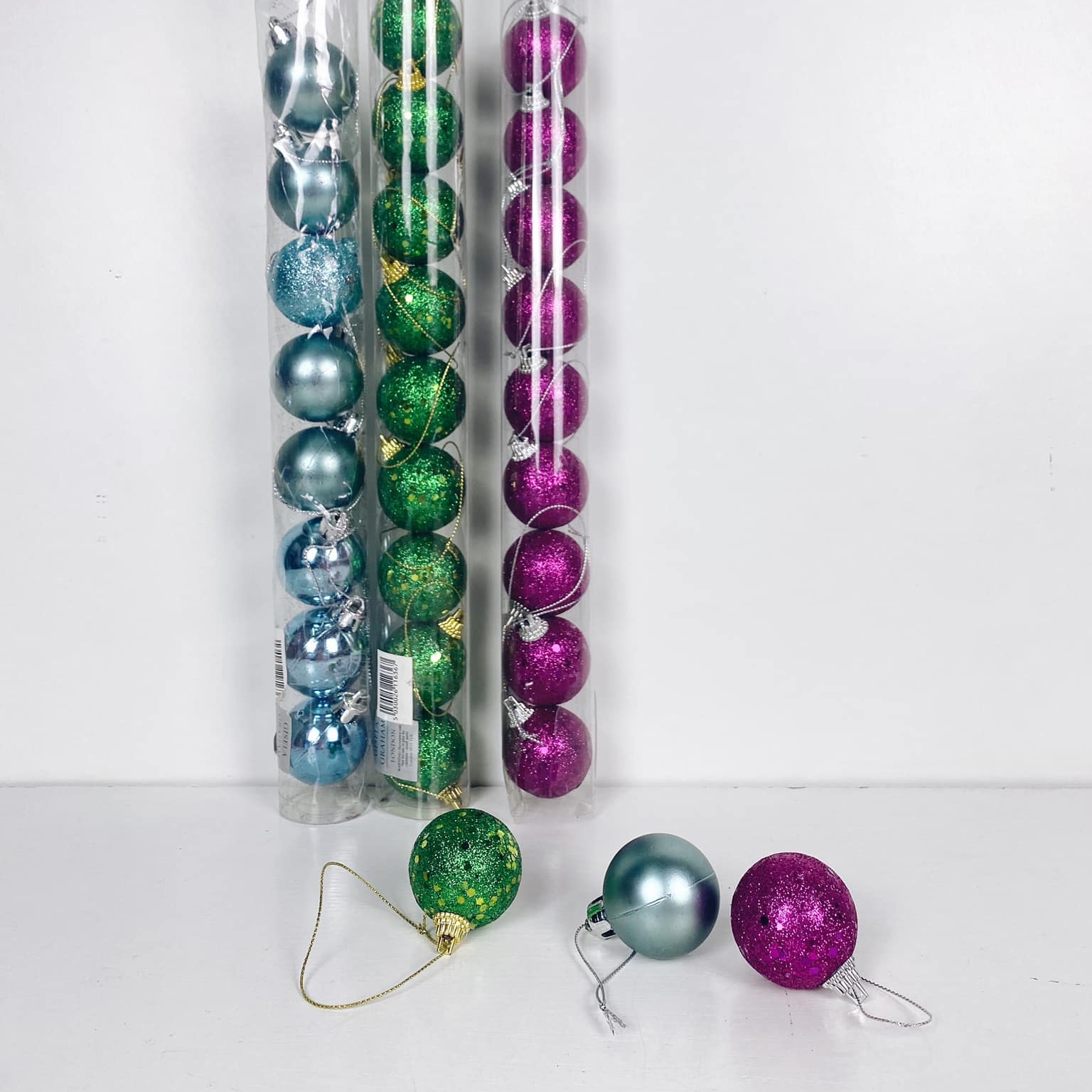 Ялинкова прикраса куля глітер мікс фіолет/зелений/блакитний