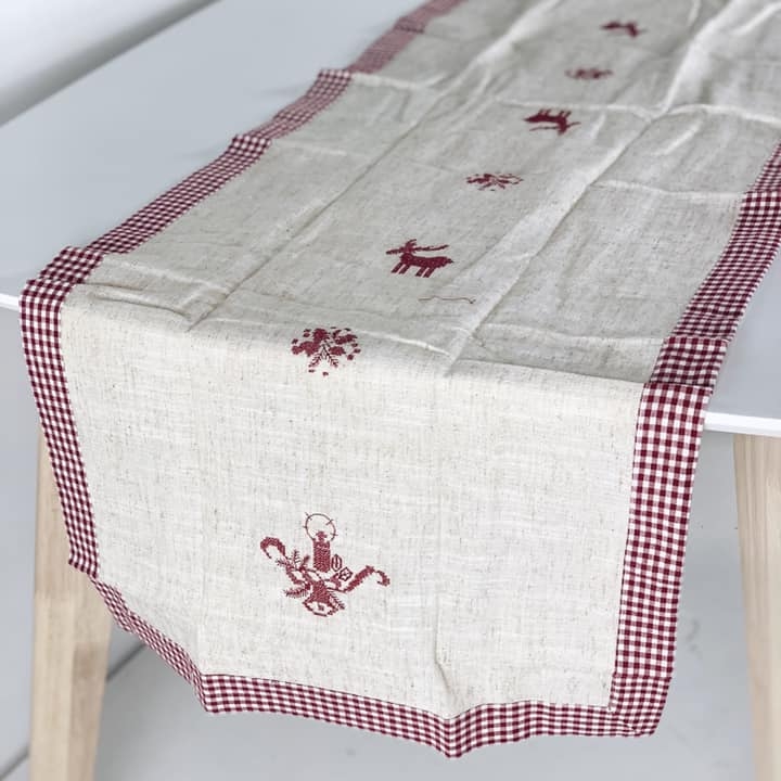 Серветка-ранер льон натур/клітинка червоно-біла вишивка Олені TT-194