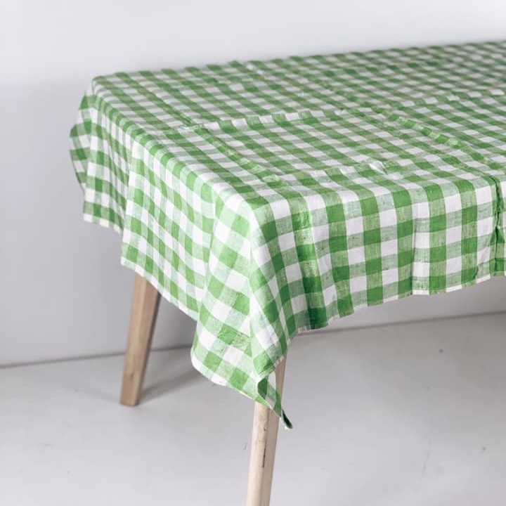 Скатертина у клітинку зелена/біла льон TT-201
