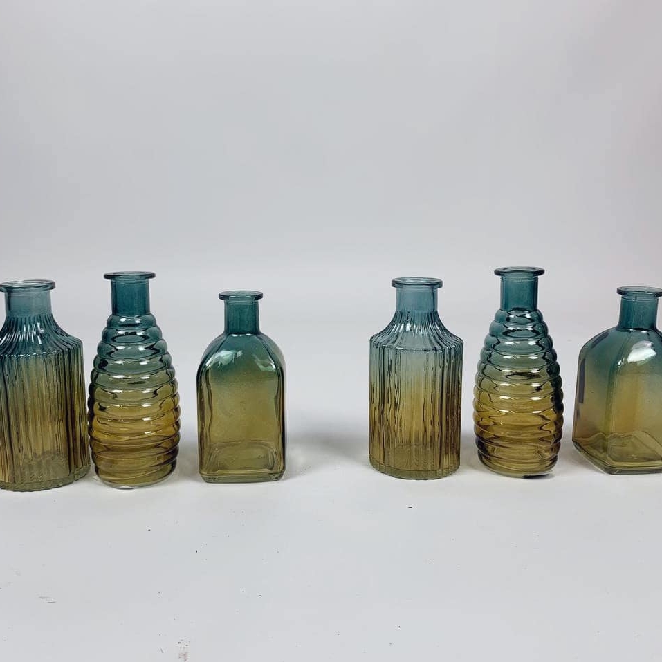 Ваза-пляшка з ефектом омбре рельєф зелено-жовте скло VA-444