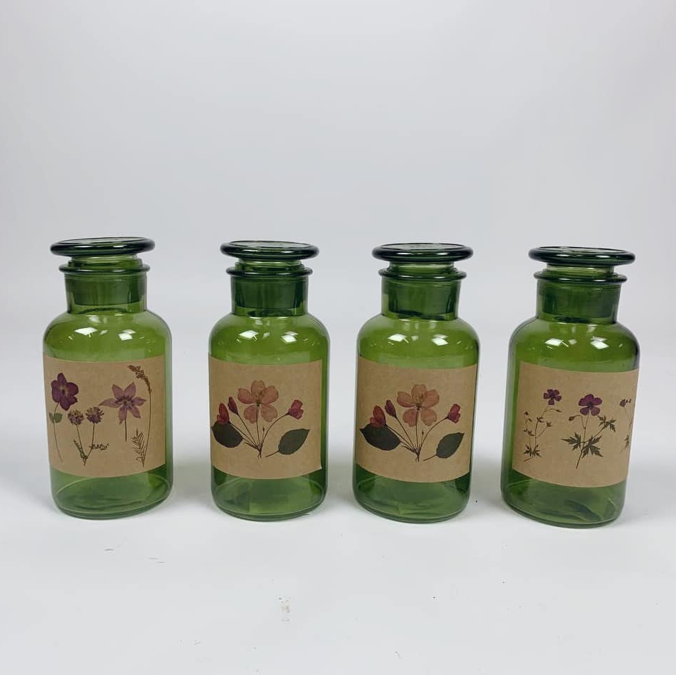 Банка аптечна з ботанічними етикетками зелене скло KF-091