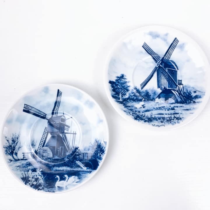 Тарілка декоративна мала синій розпис Вітряки порцеляна вінтаж