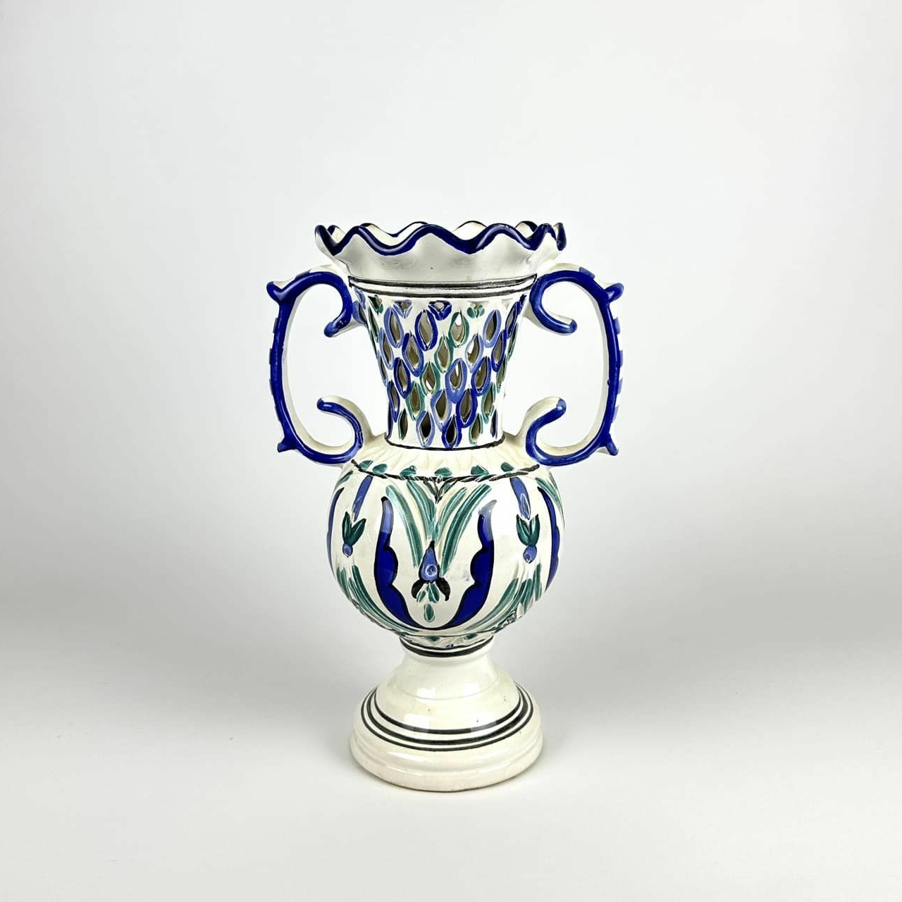 Ваза з 2 ручками біло-синій розпис вінтаж кераміка VA-453