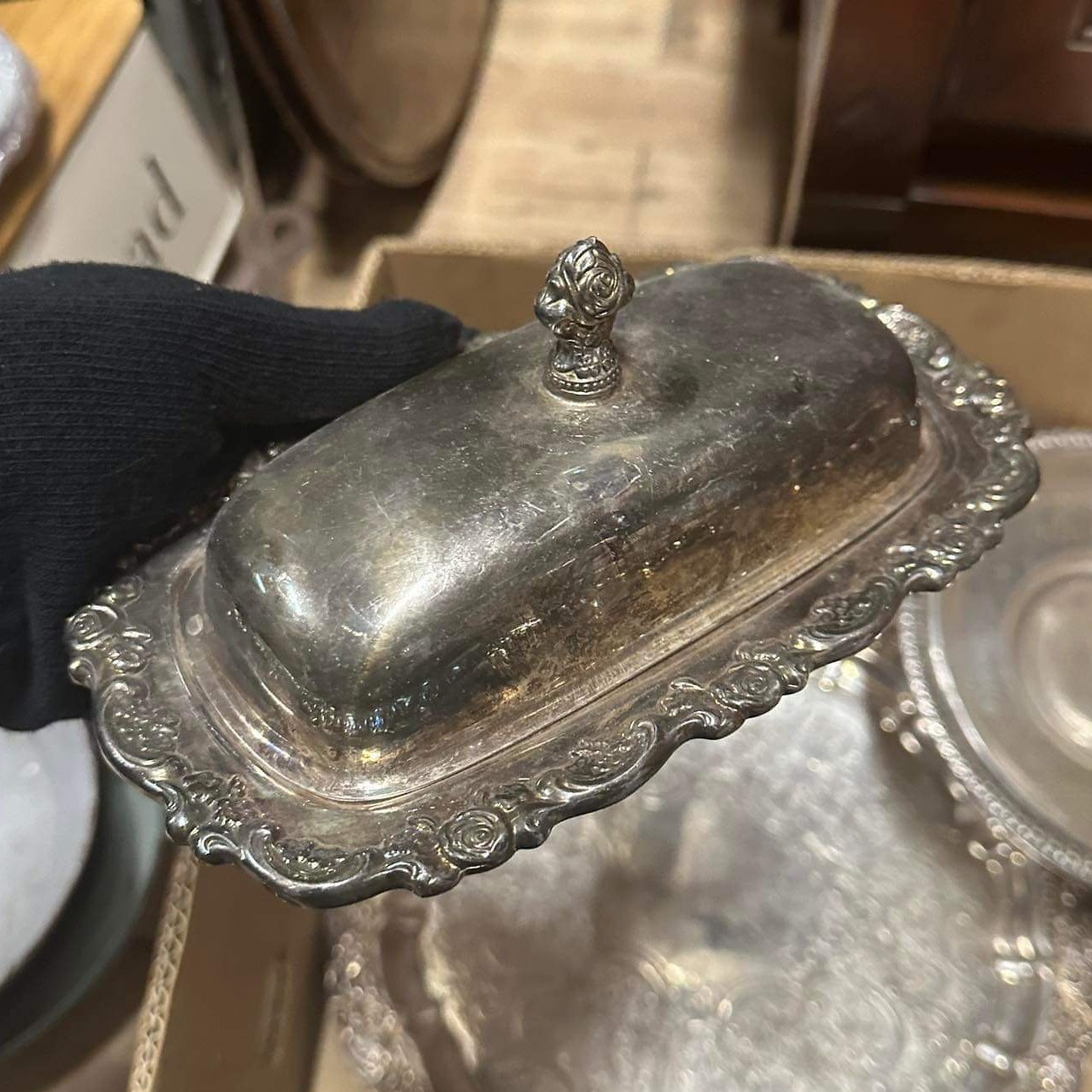 Тарілочка прямокутна для масла з кришкою сріблення вінтаж SA-042