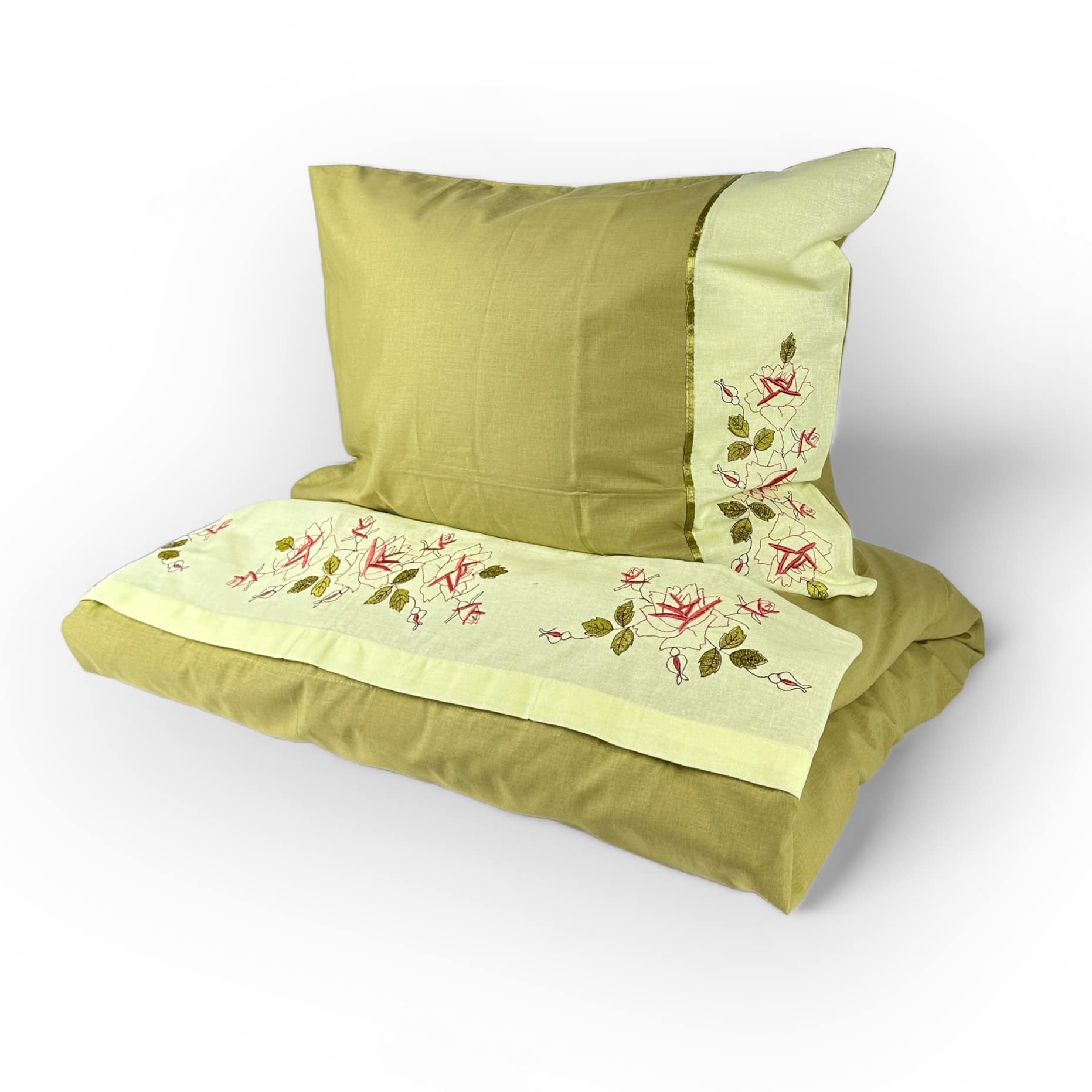 Комплект постільної білизни 1-спальний (наволочка/півковдра/простирадло) оливковий з вишитими вставками бавовна BL-012