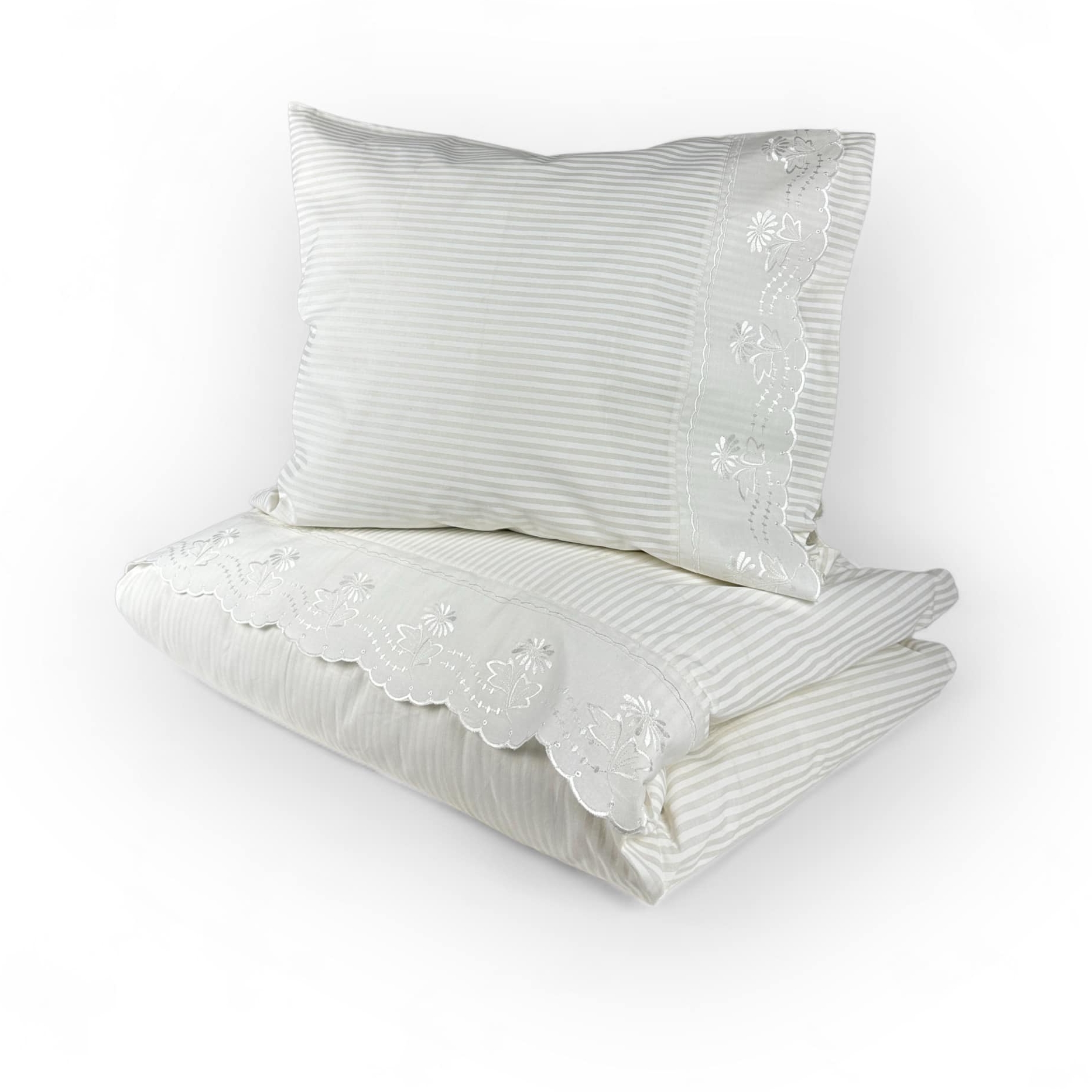 Комплект постільної білизни 1-спальний (наволочка/підковдра/простирадло) біло-сіра смужка вишита вставка бавовна BL-023