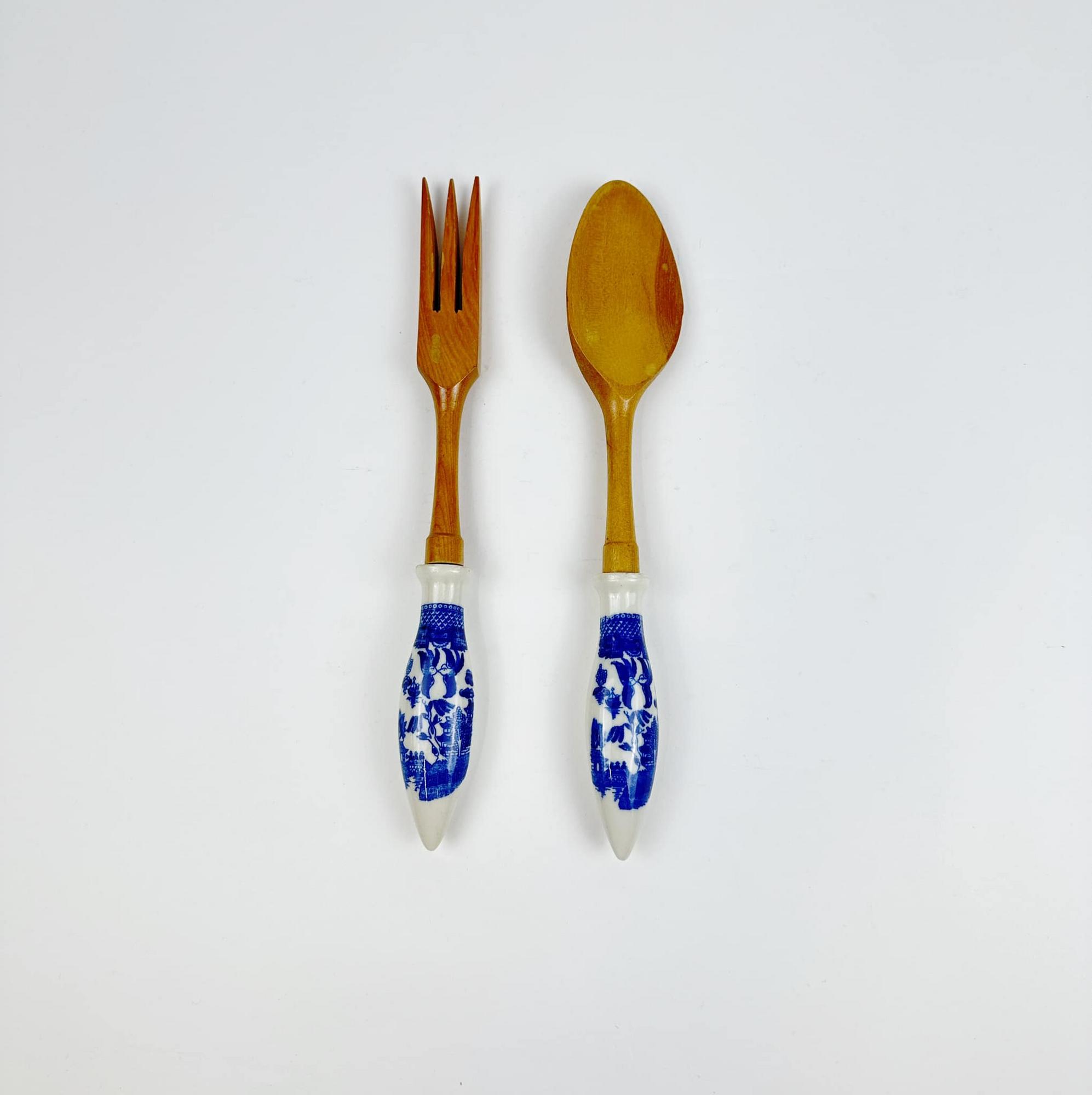 Вилка/ложка для салатів дерево/порцеляна вінтаж KL-160