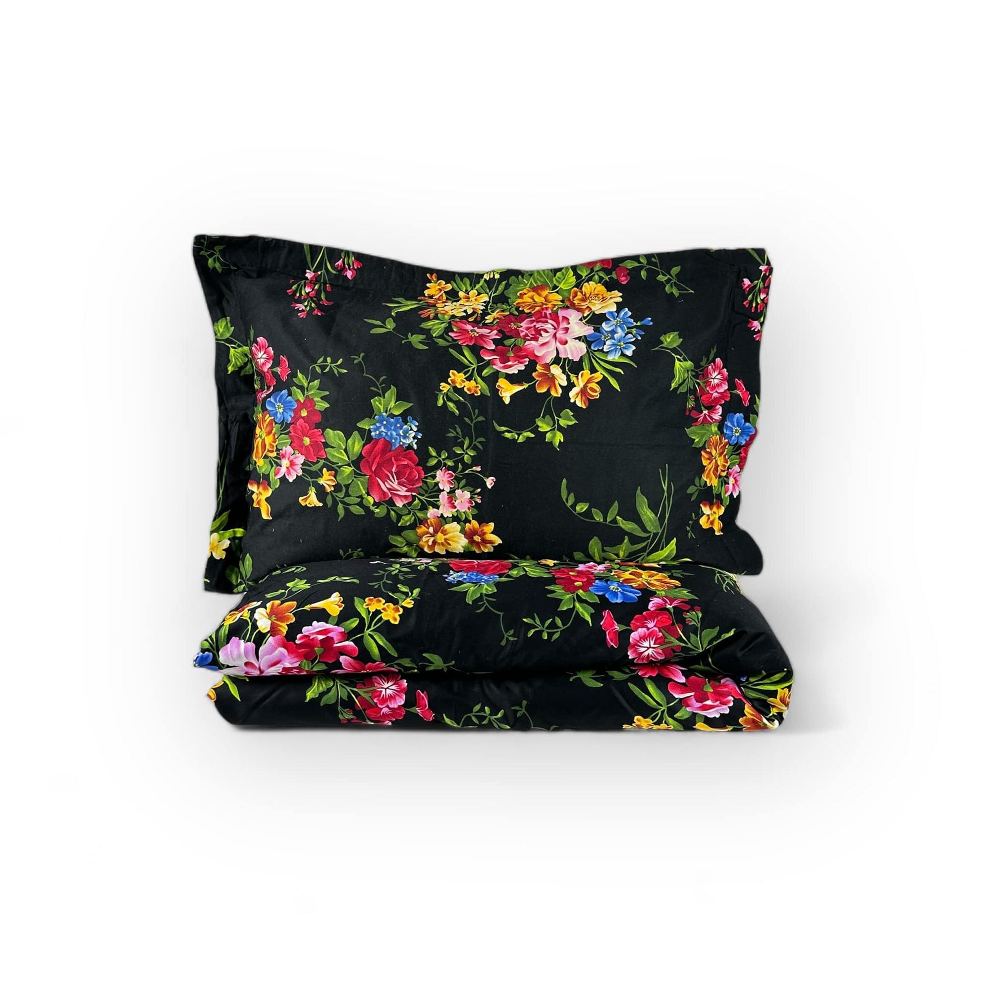 Комплект білизни 2-спальний (2 наволочки / простирадло / підковдра) чорний Квіти сатин бавовна BL-052