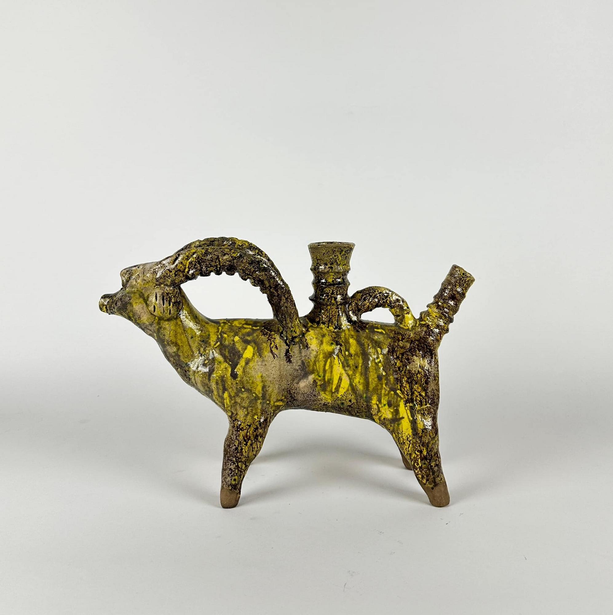 Свічник на 1 свічку Коза жовто-коричневий фактура авторська кераміка CA-177