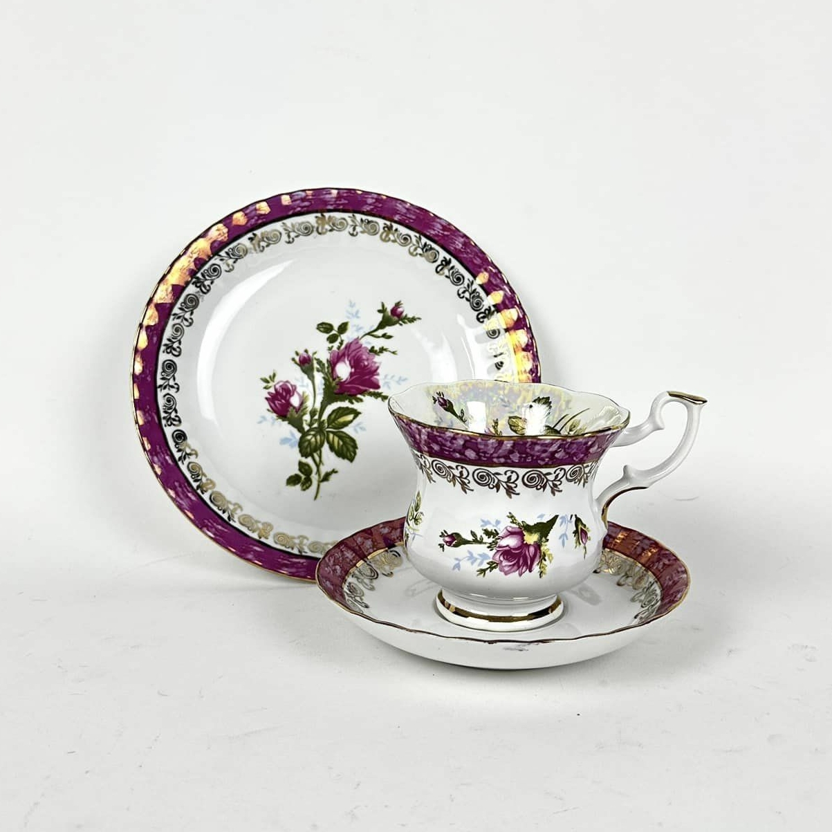 Чайна трійка Троянда бордова порцеляна вінтаж PP-253