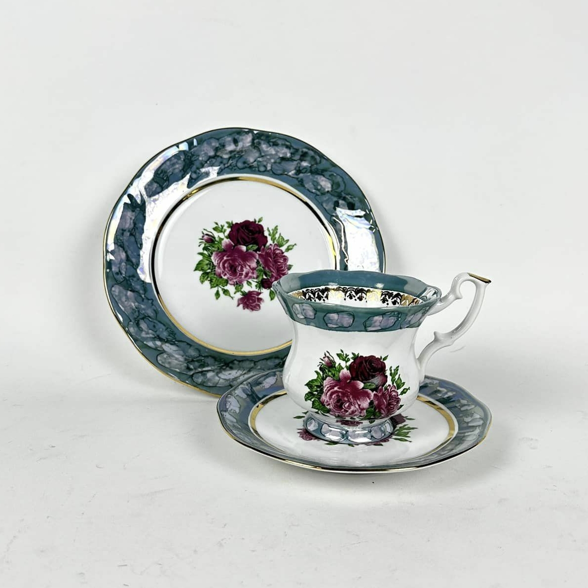 Чайна трійка Троянди смарагд порцеляна вінтаж PP-254